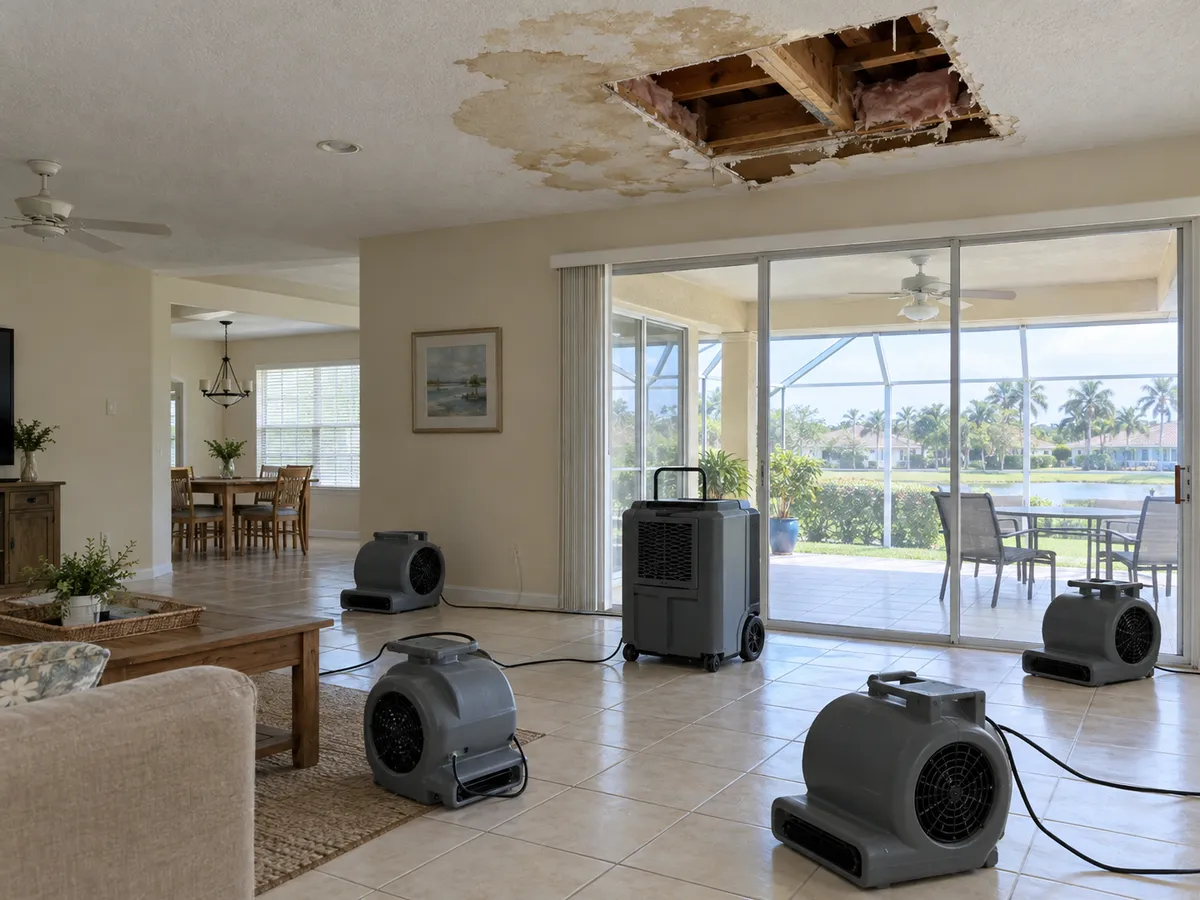 Drying equipment below a removed section of water-stained ceiling in a Florida home